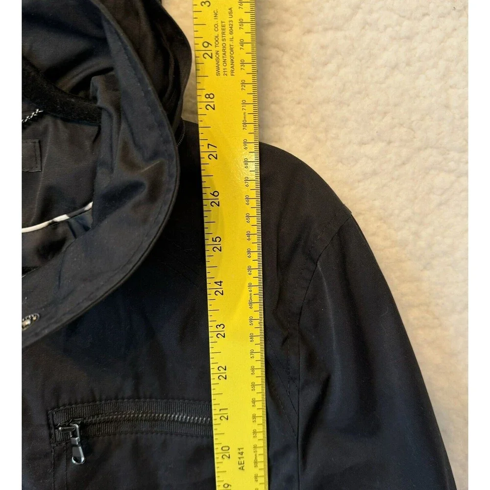 INC International Concepts Jacket Womens Large Black Windbreaker Raincoat Hooded